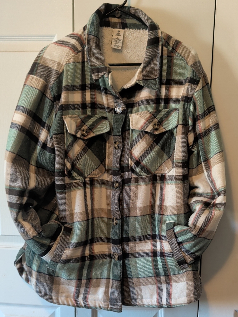 Plaid Sherpa-Lined Utility Jacket in Mint Green & Cream